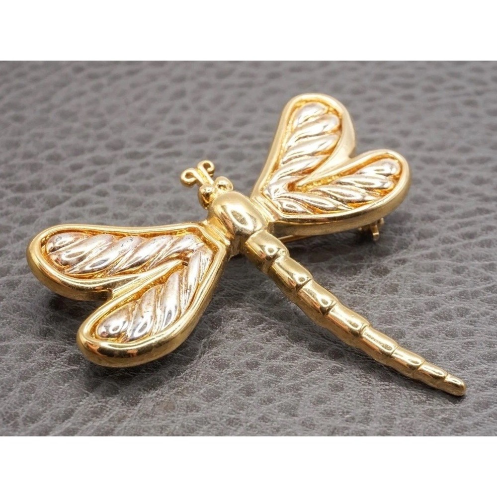 Vintage Dragonfly Brooch with Textured Wings Two Tone Gold Tone Silver Tone